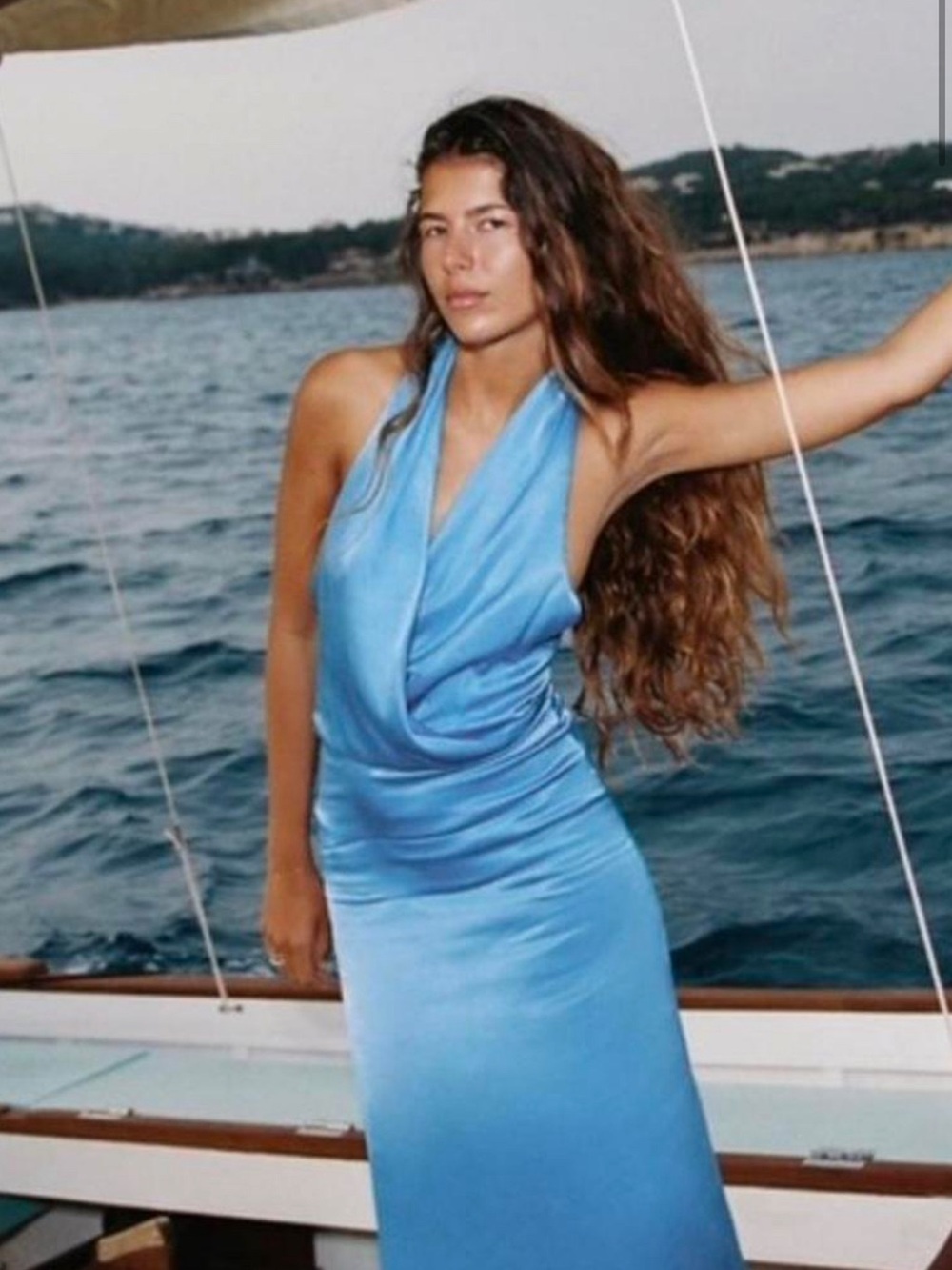 Zara Satin Strapless Halter Dress in Sky Blue